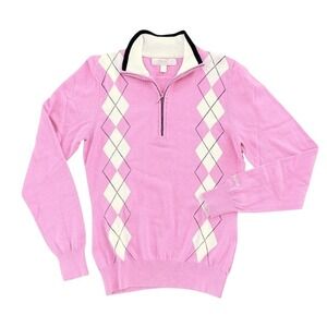 Kartel Elena Argyle Quarter Zip Golf Sweater Size 6 Pink Cotton Preppy Sporty